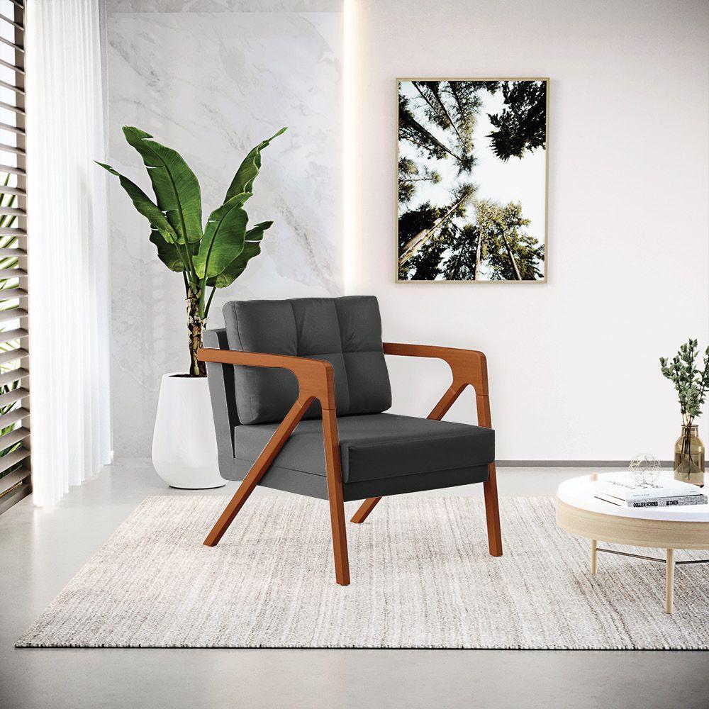 Kit 02 Poltronas Corino Base De Madeira Castanho Preto - 8