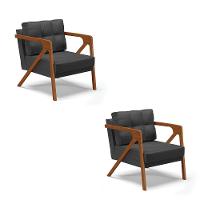 Kit 02 Poltronas Corino Base De Madeira Castanho Preto - 1