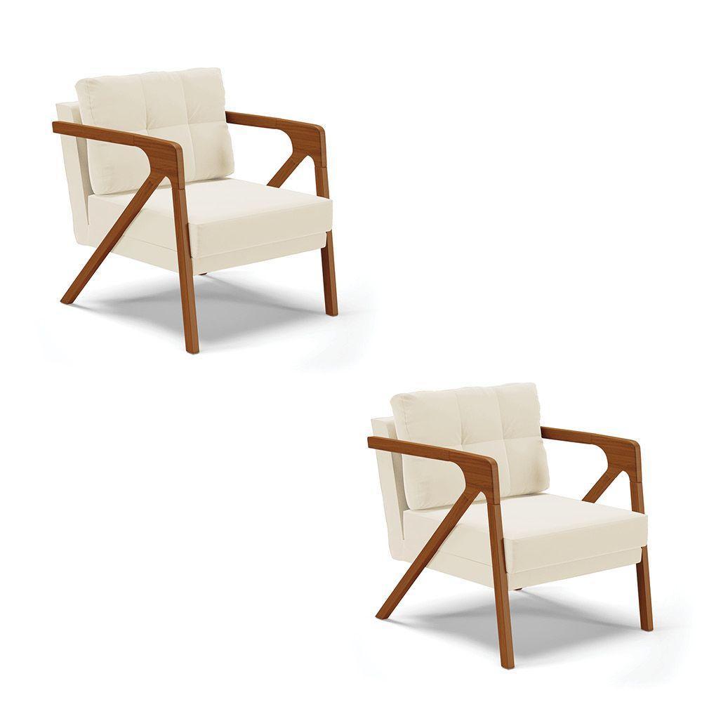 Kit 02 Poltronas Veludo Bege Base De Madeira Castanho - 1