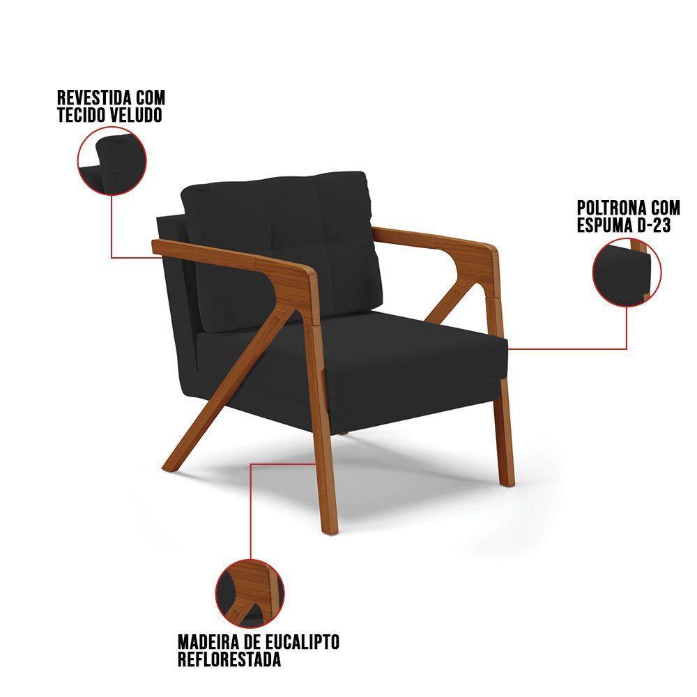 Kit 02 Poltronas Veludo Base De Madeira Castanho Preto - 3