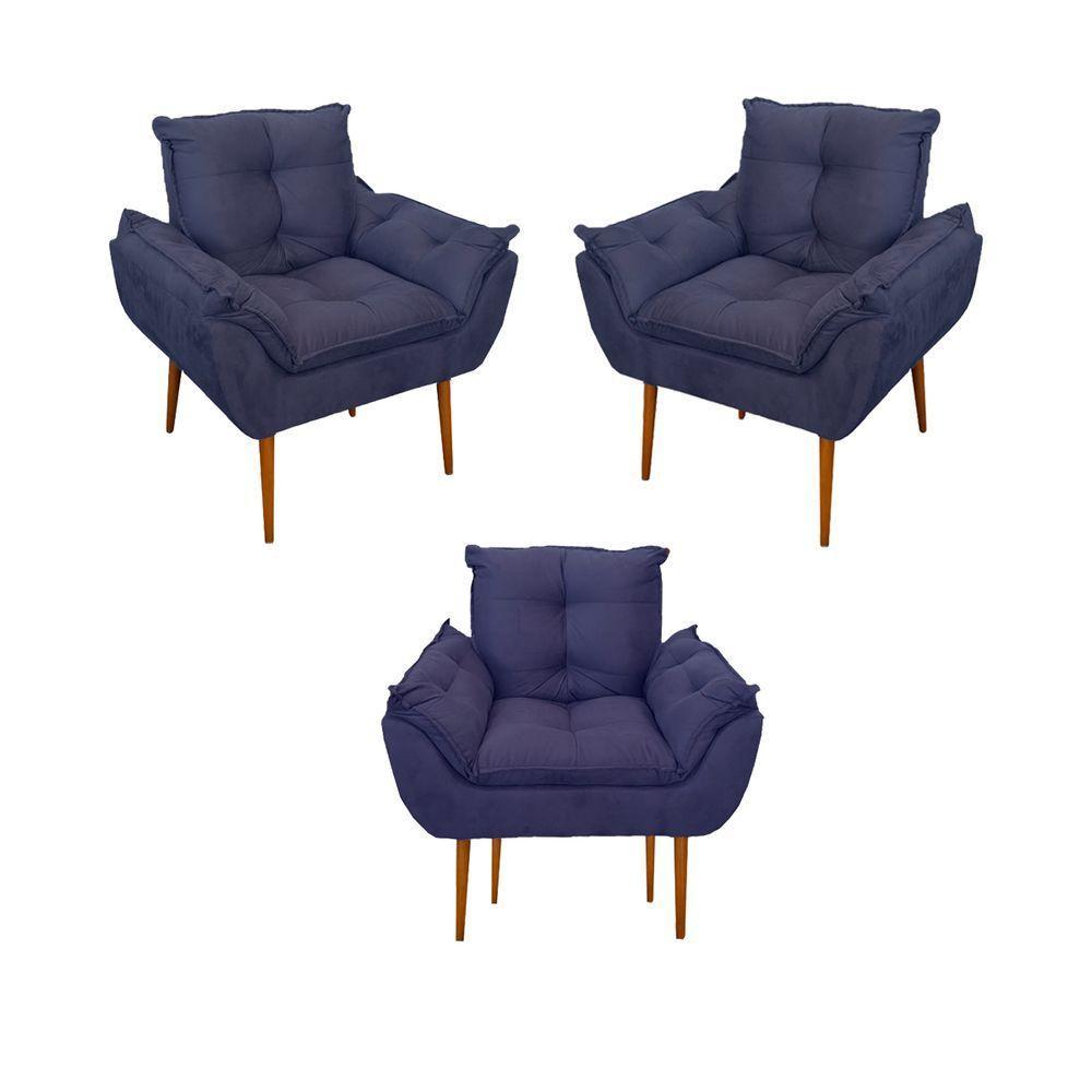 Kit 03 Poltronas Opala Confortável Sala, Quarto Cor:azul Marinho - 1