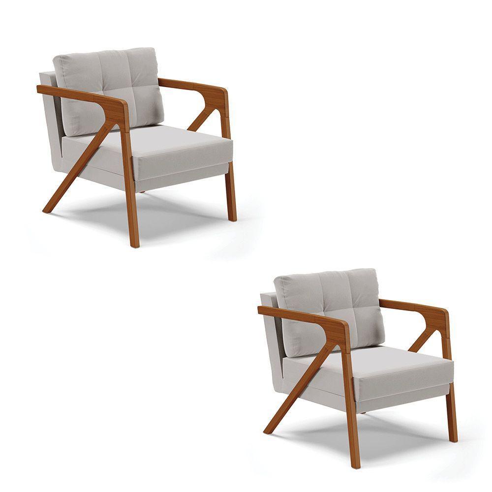 Kit 02 Poltronas Veludo Cinza Base De Madeira Castanho - 1