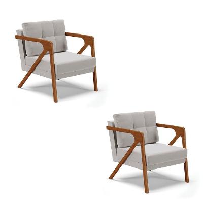 Kit 02 Poltronas Veludo Cinza Base De Madeira Castanho