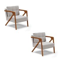 Kit 02 Poltronas Veludo Cinza Base De Madeira Castanho - 1