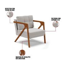 Kit 02 Poltronas Veludo Cinza Base De Madeira Castanho - 5