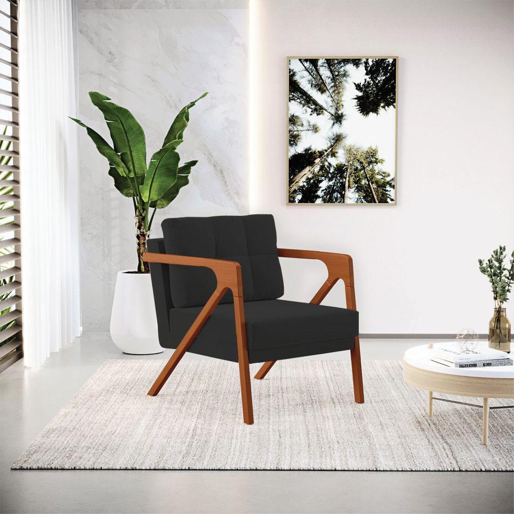 Kit 02 Poltronas Veludo Preto Base De Madeira Castanho - 8