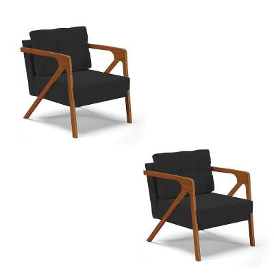 Kit 02 Poltronas Veludo Preto Base De Madeira Castanho
