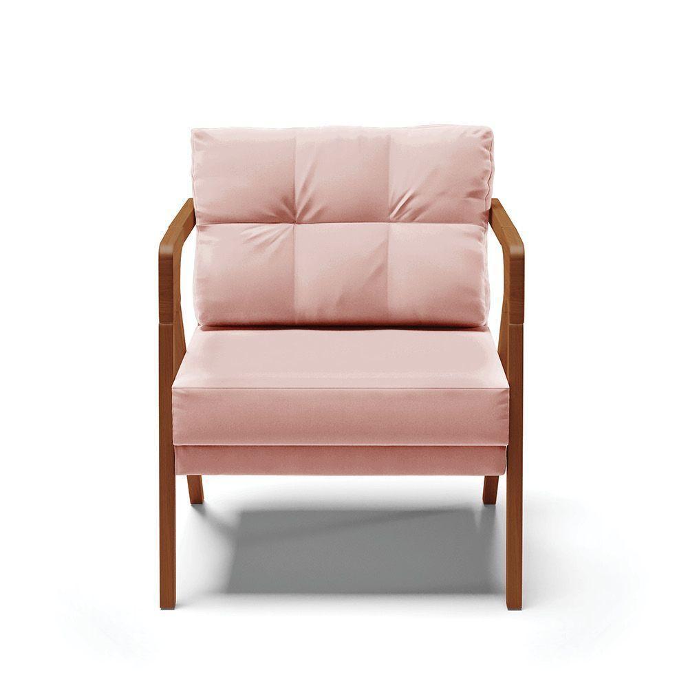 Kit 02 Poltronas Veludo Rosê Base De Madeira Castanho - 7