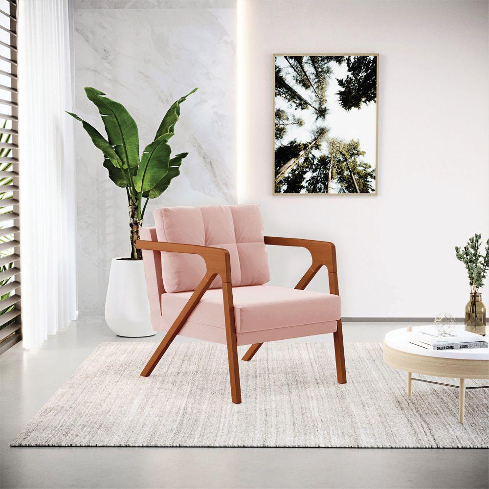 Kit 02 Poltronas Veludo Rosê Base De Madeira Castanho - 8