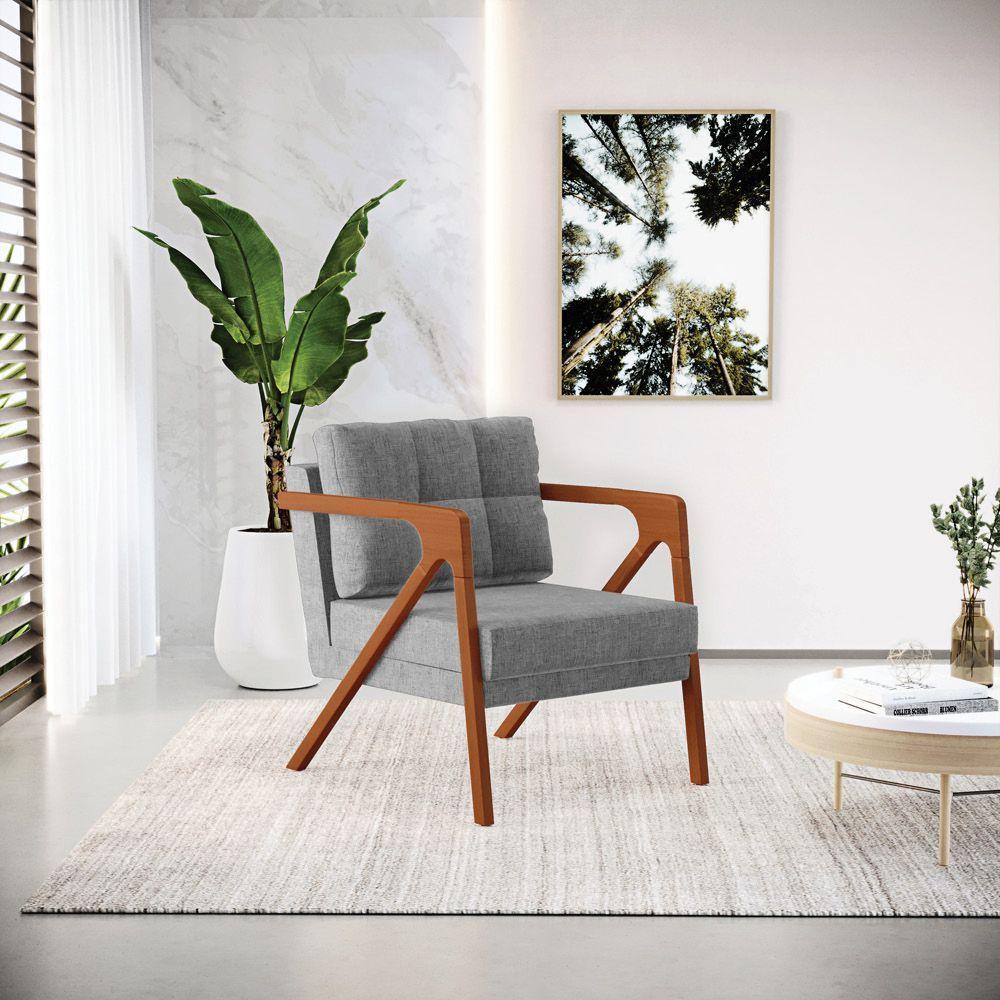 Kit 02 Poltronas Linho Grafite A26 Base De Madeira Castanho - 7