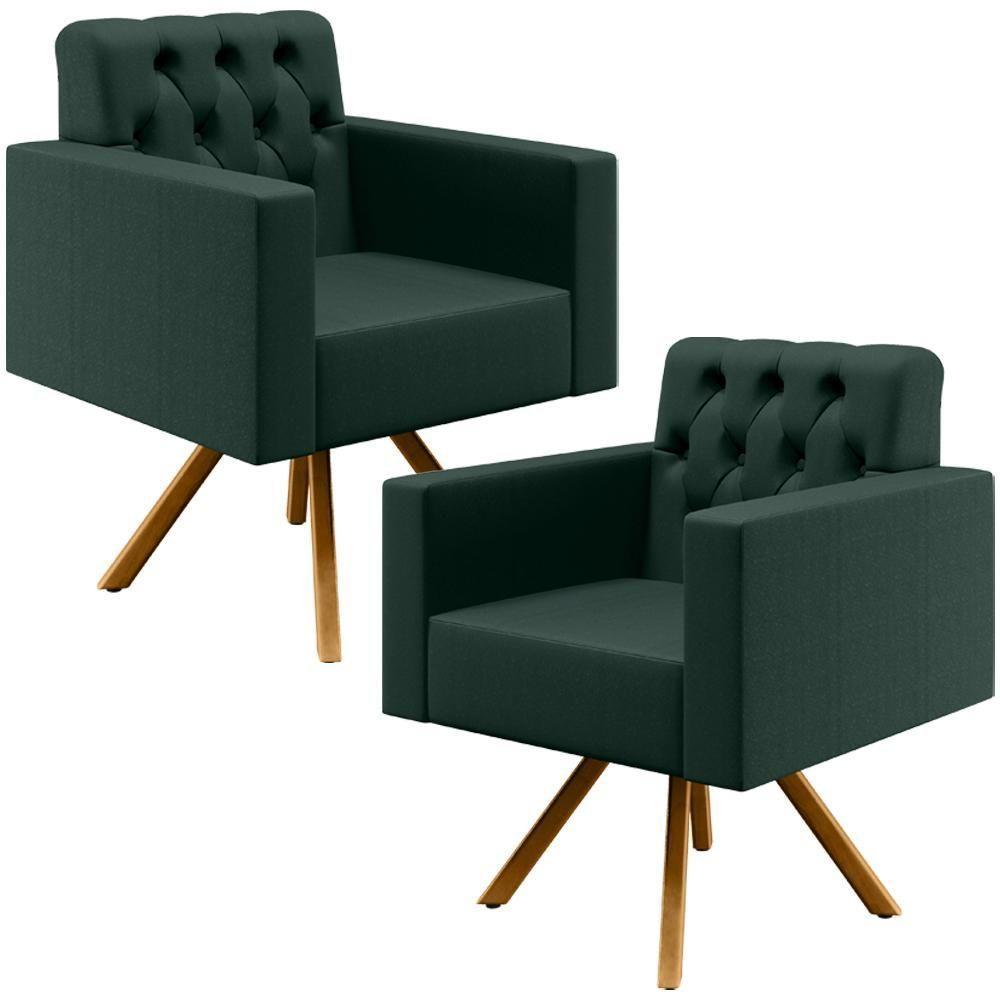 Kit 02 Poltronas Giratórias Capitonê Linho Verde Musgo - 1