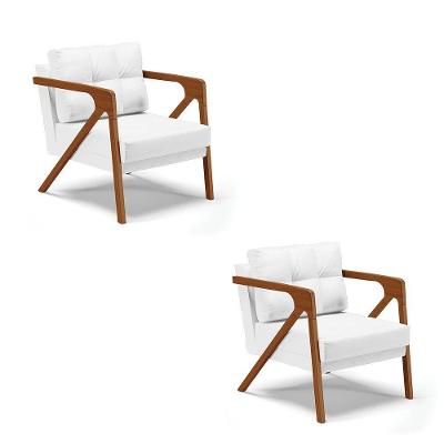 Kit 02 Poltronas Corino Branco Base De Madeira Castanho