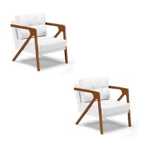 Kit 02 Poltronas Corino Branco Base De Madeira Castanho - 1