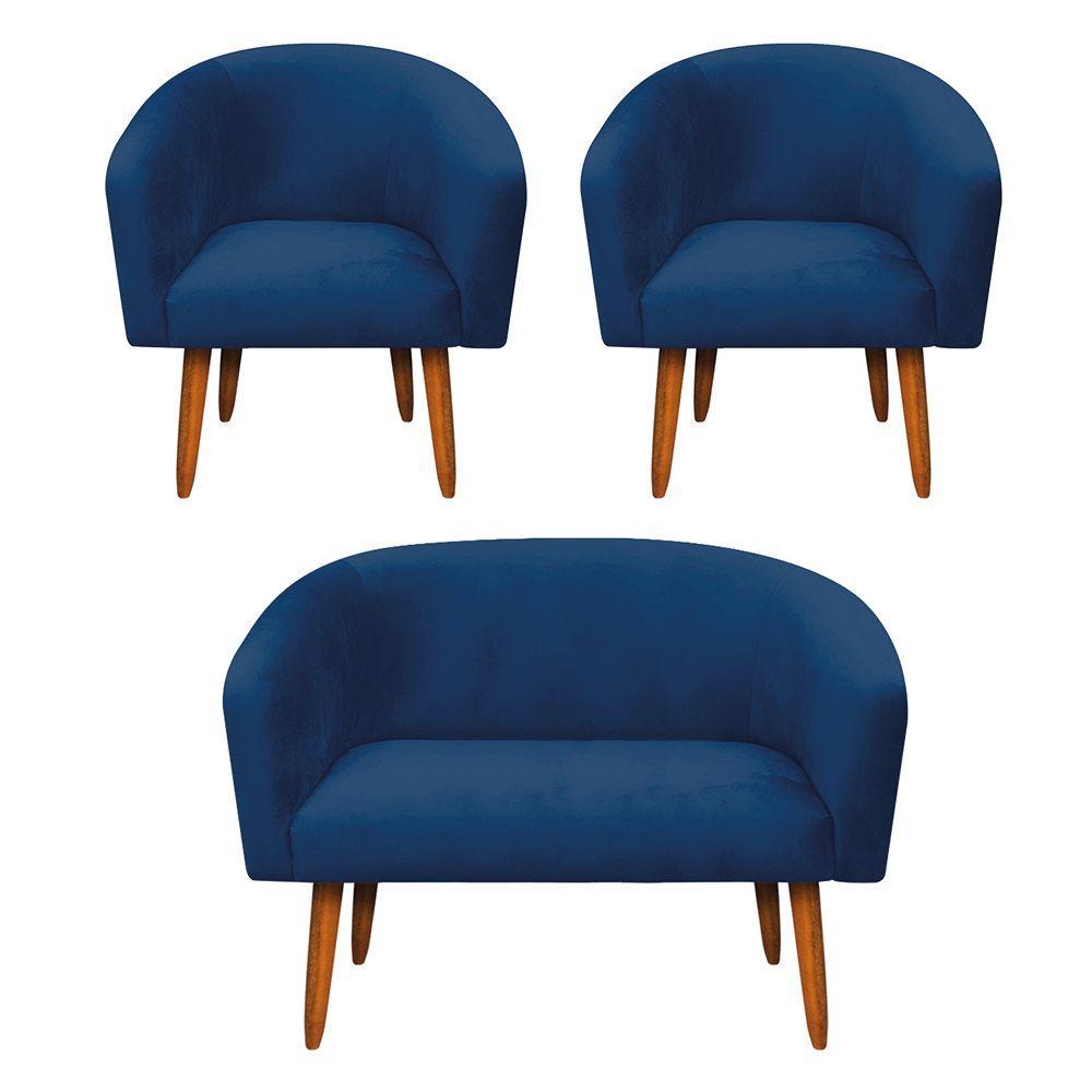 Kit 1 Namoradeira e 2 Poltronas Azul Marinho Pés Palito - 3
