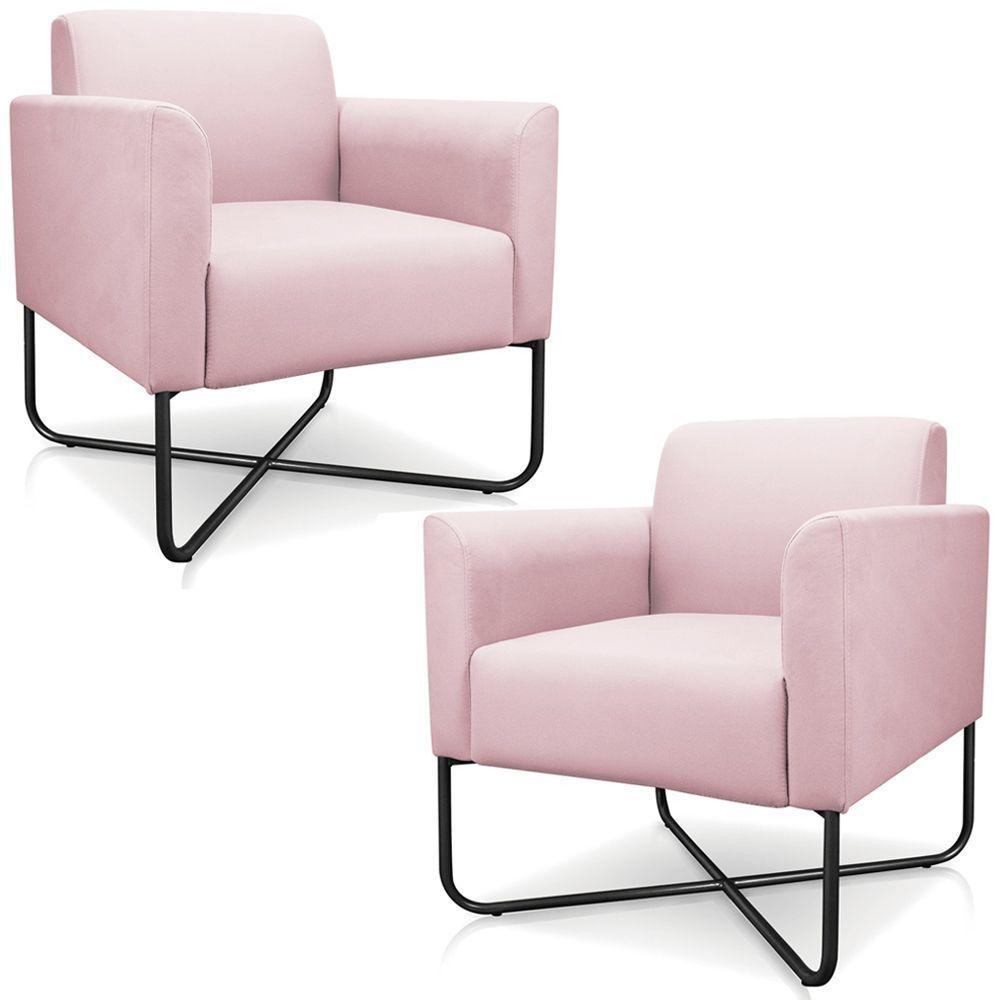 Kit 2 Poltronas Isabella Base X Suede Rosa Bebê preto - 1