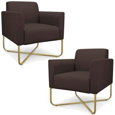 Kit 2 Poltronas Isabella Base X Suede Marrom dourado