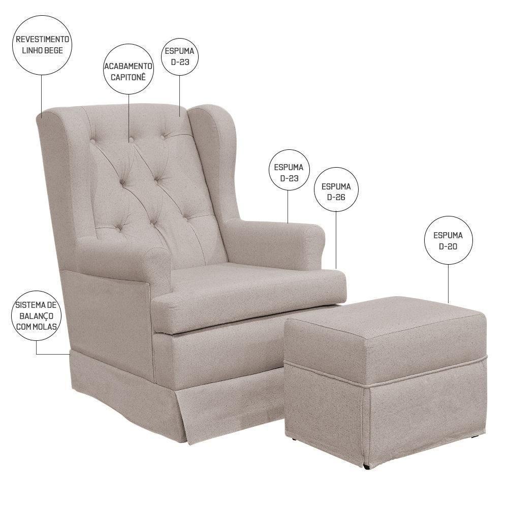 Poltrona E Puff Helena P02 Capitonê Linho Bege - 3