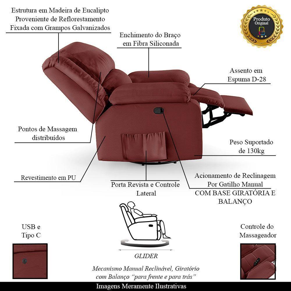 Poltrona Do Papai Reclinável Sala De Cinema Madrid Glider Manual Giratória Massagem Usb Pu Vermelho - 9