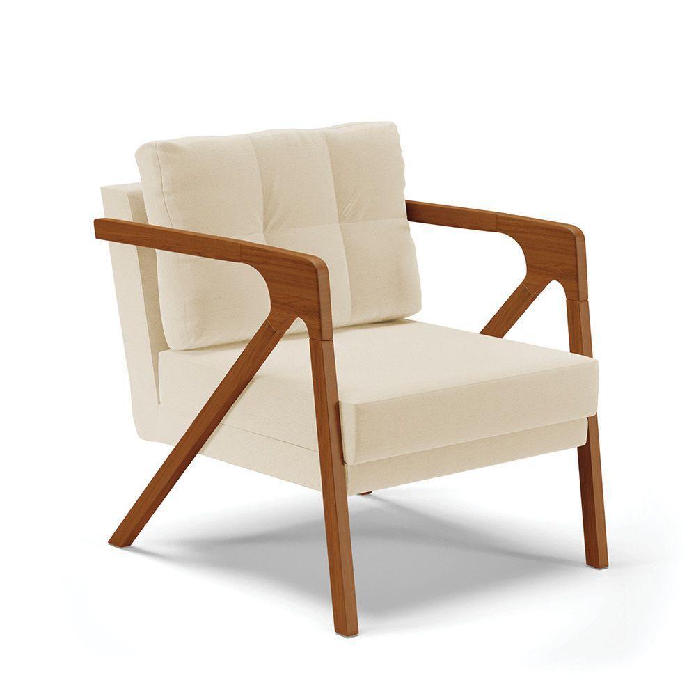 Poltrona Linho Grosso Bege A19 Base De Madeira Castanho - 1