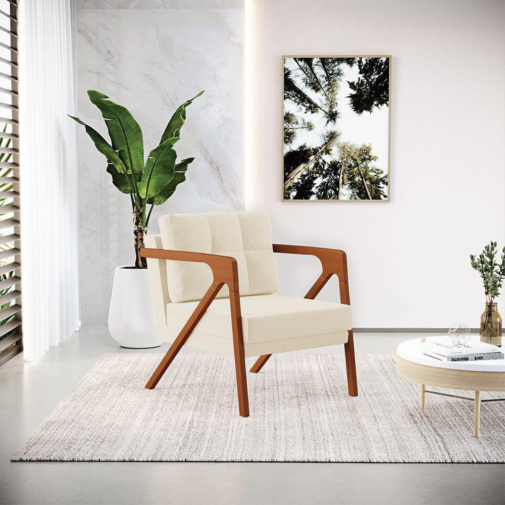 Poltrona Linho Grosso Bege A19 Base De Madeira Castanho - 7