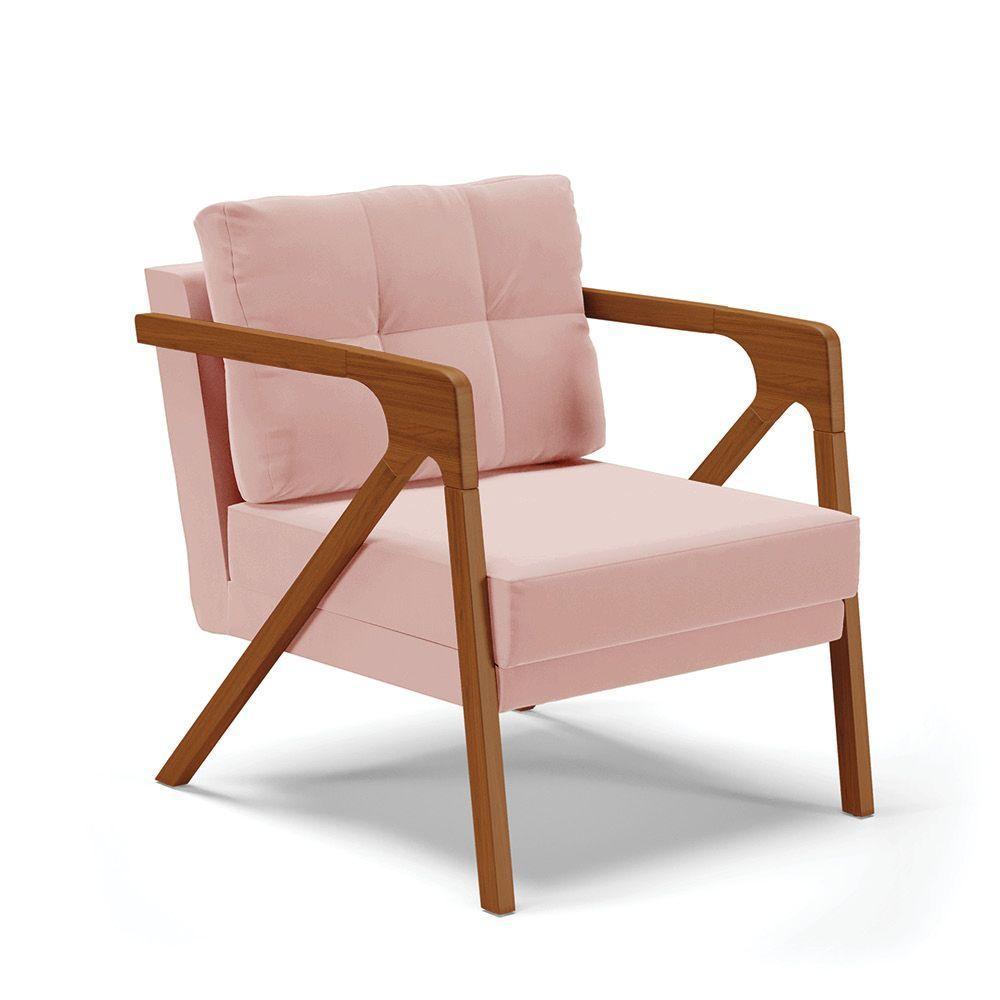 Poltrona Melissa Veludo Rosê Base De Madeira Castanho - 1