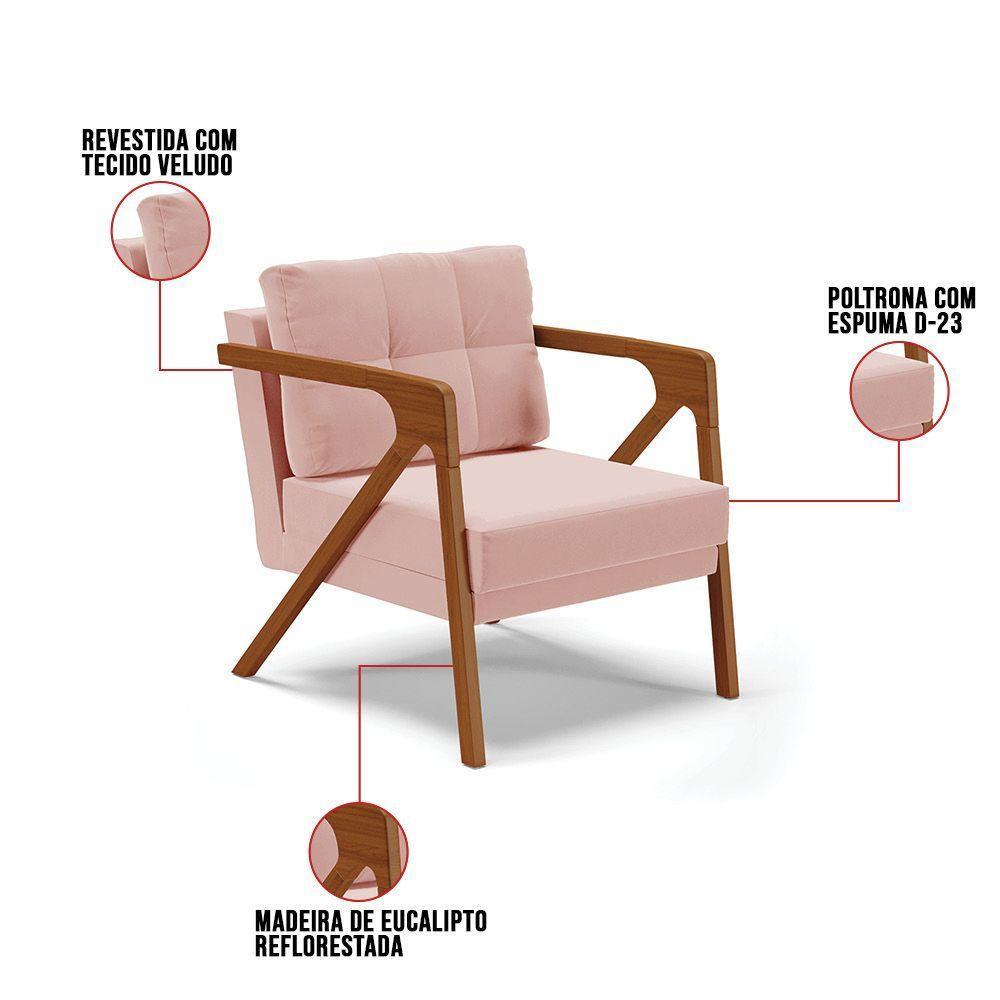 Poltrona Melissa Veludo Rosê Base De Madeira Castanho - 3