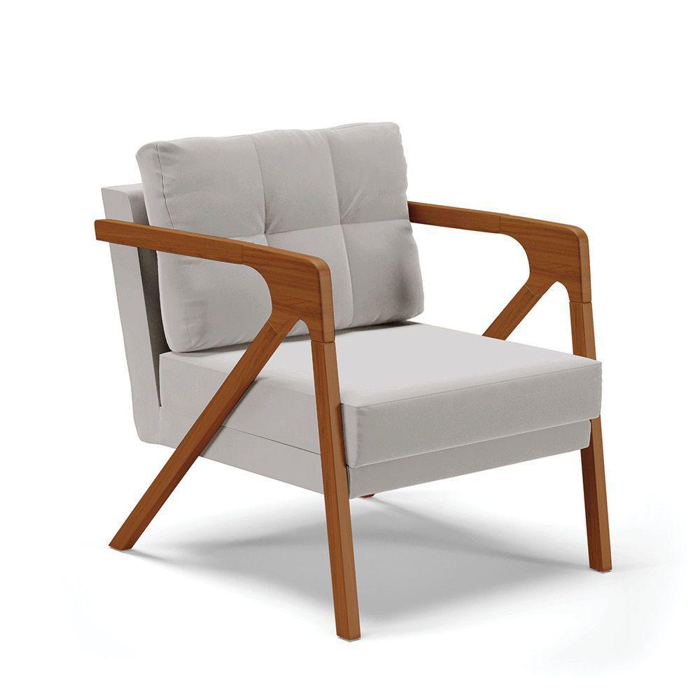 Poltrona Melissa Veludo Cinza Base De Madeira Castanho - 1