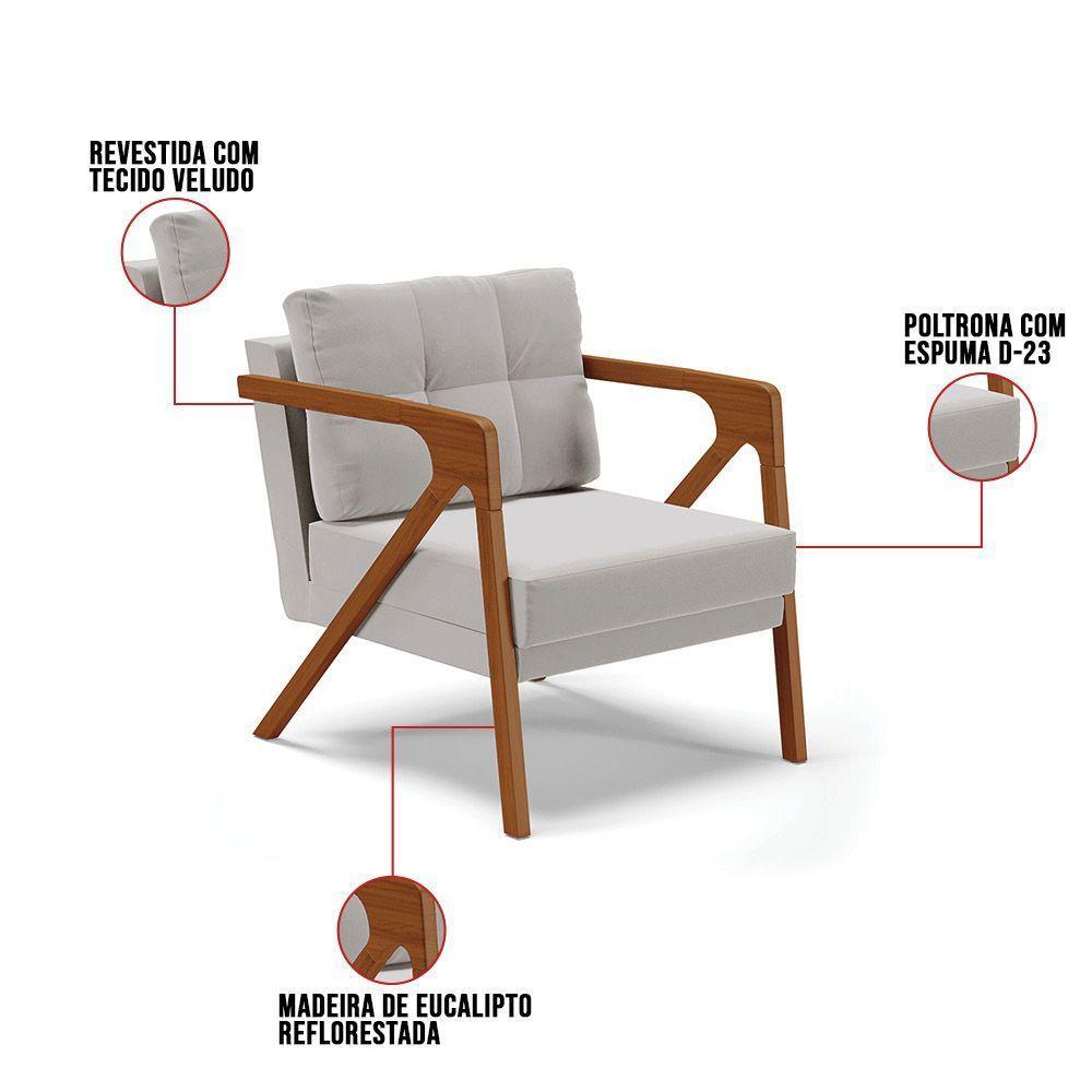 Poltrona Melissa Veludo Cinza Base De Madeira Castanho - 3