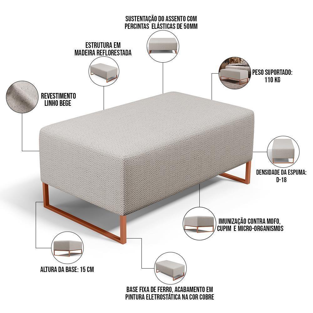 Kit 02 Puffs Decorativo Sala De Estar Cléo 90cm W01 Base Ferro Cobre Linho Bege - Lyam Decor - 6