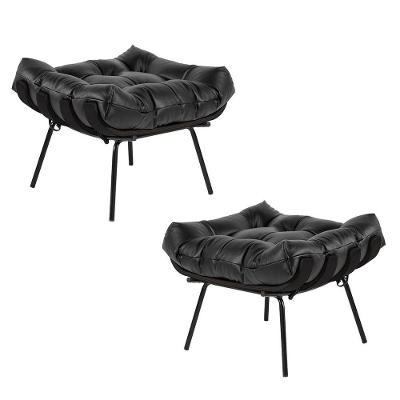 Kit 2 Puff Decorativo Sala De Estar Costela Base Preta Couro Preto - Gran Belo