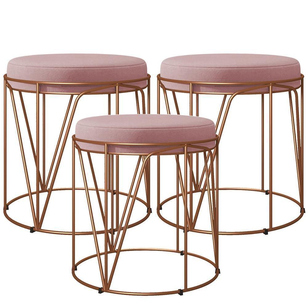 Kit 03 Puffs Decorativo Aramado Bronze Zaya L02 Suede Rosê - 1