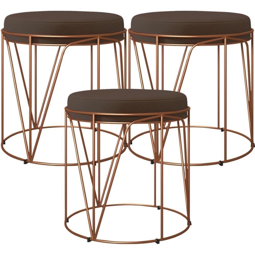 Kit 03 Puffs Decorativo Aramado Bronze Zaya L02 Suede Marrom - 1