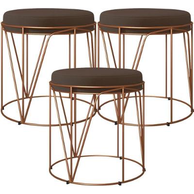 Kit 03 Puffs Decorativo Aramado Bronze Zaya L02 Suede Marrom