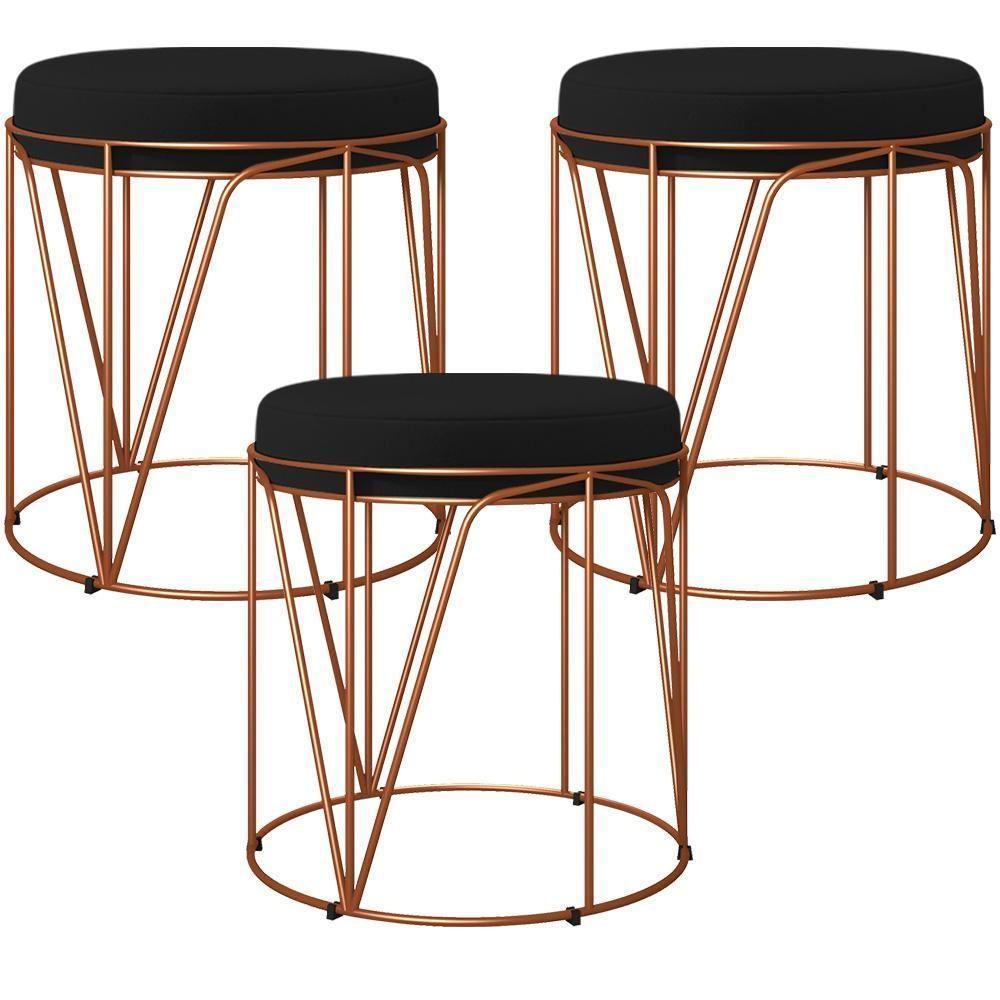 Kit 03 Puffs Decorativo Aramado Bronze Zaya L02 Corano Preto - 1