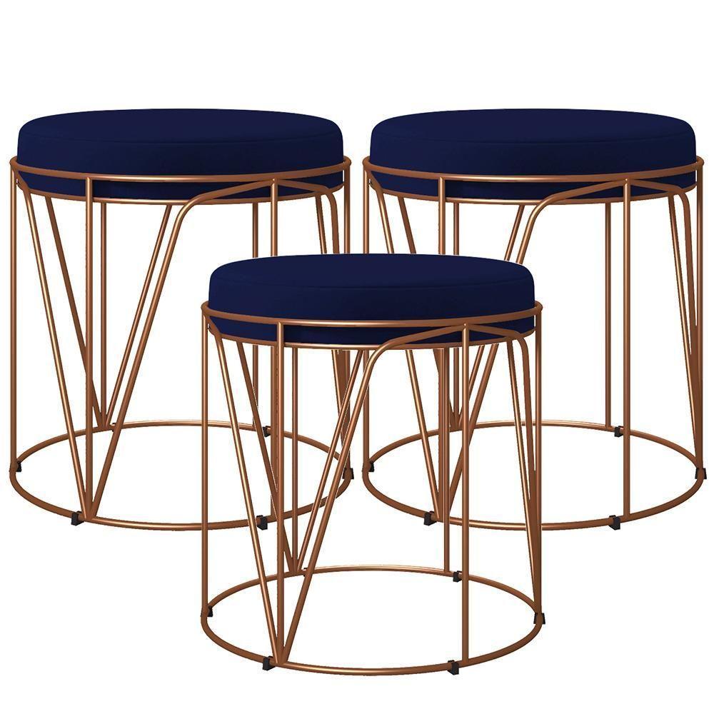 Kit 03 Puffs Decorativo Aramado Bronze Zaya L02 Azul Marinho - 1