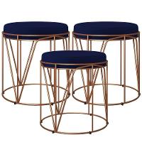 Kit 03 Puffs Decorativo Aramado Bronze Zaya L02 Azul Marinho - 1