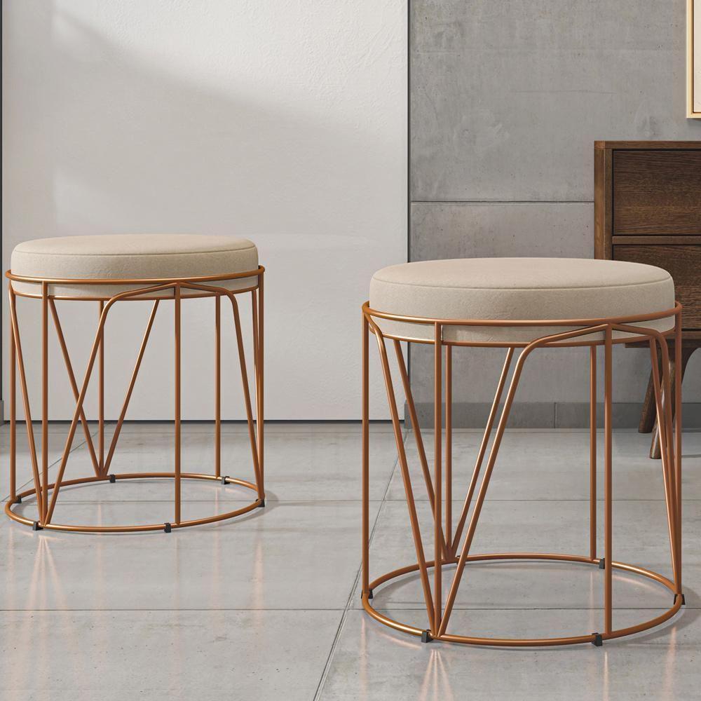 Kit 03 Puffs Decorativo Aramado Bronze Zaya L02 Suede Bege - 5