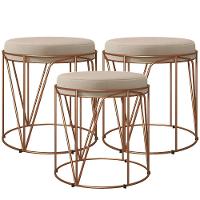 Kit 03 Puffs Decorativo Aramado Bronze Zaya L02 Suede Bege - 1