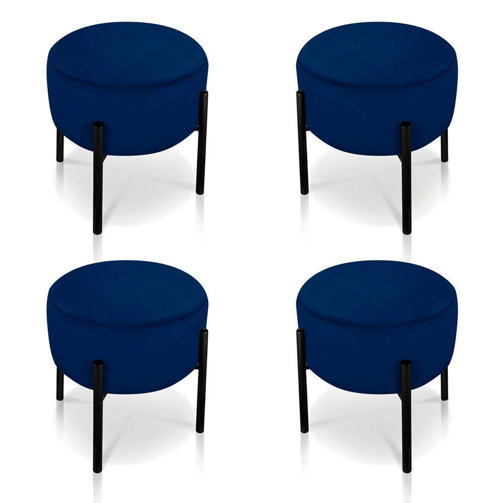 Kit 04 Puffs Iron Suede Azul Marinho Base Preto Palito - 2