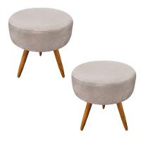 Kit 2 Puffs Banqueta Redonda Veludo Bege Pés Palito Castanho - 1