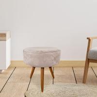 Kit 4 Puffs Banqueta Redonda Veludo Bege Pés Palito Castanho - 9