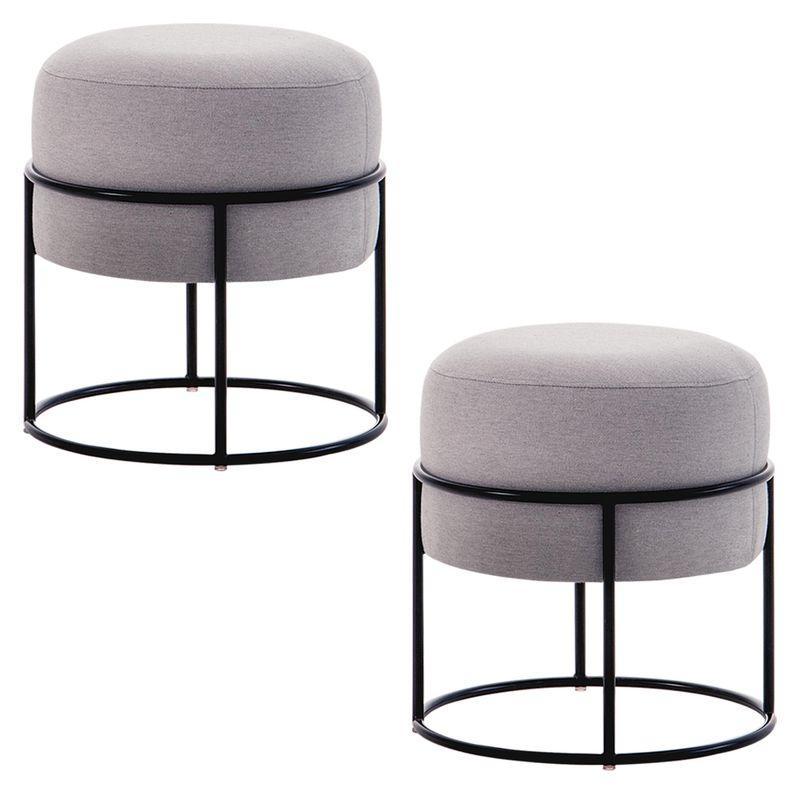 Kit 2 Puffs Redondos Squillo Pés em Aço Cinza Preto - 1