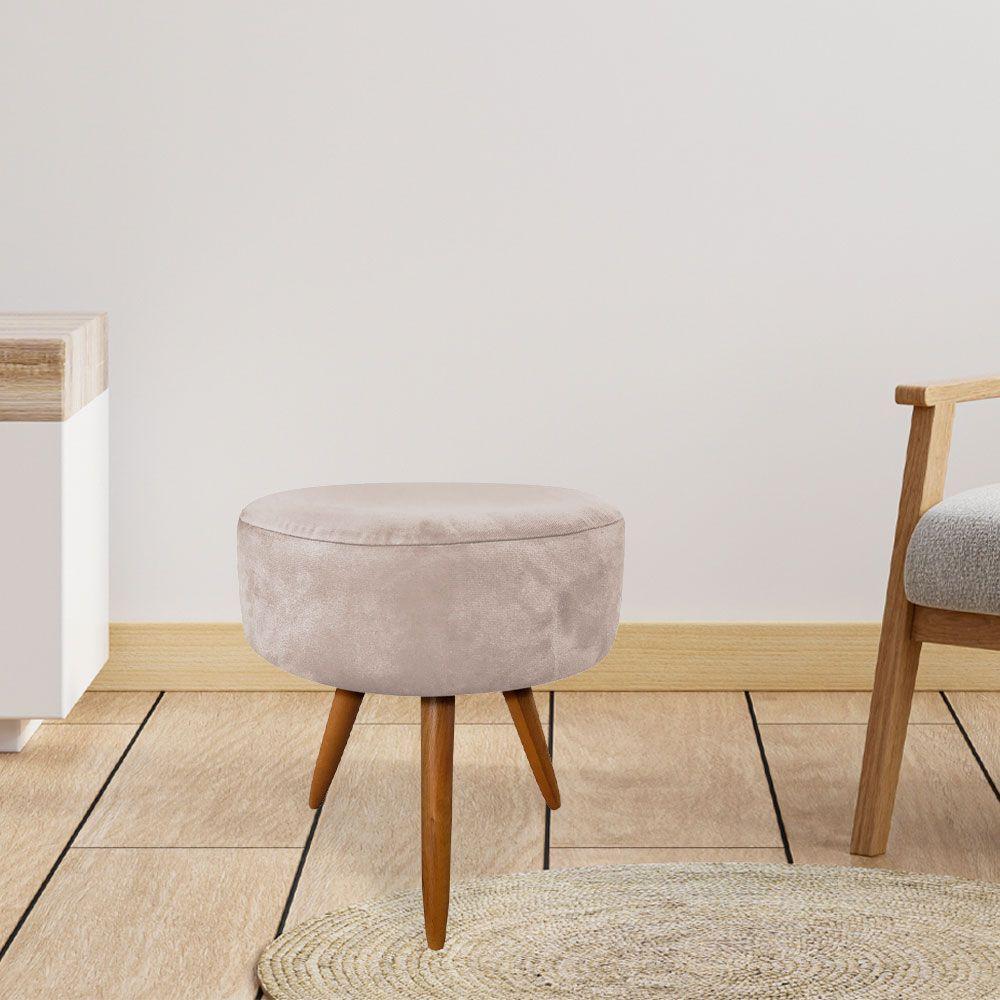 Puff Banqueta Redonda Veludo Pés Palito Castanho Bege - 4