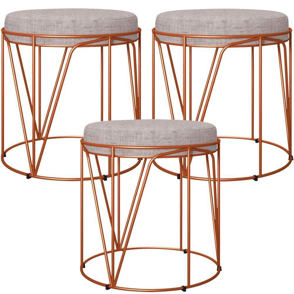 Kit 03 Puffs Decorativo Aramado Bronze Zaya L02 Linho Cinza - 1