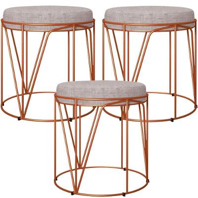 Kit 03 Puffs Decorativo Aramado Bronze Zaya L02 Linho Cinza