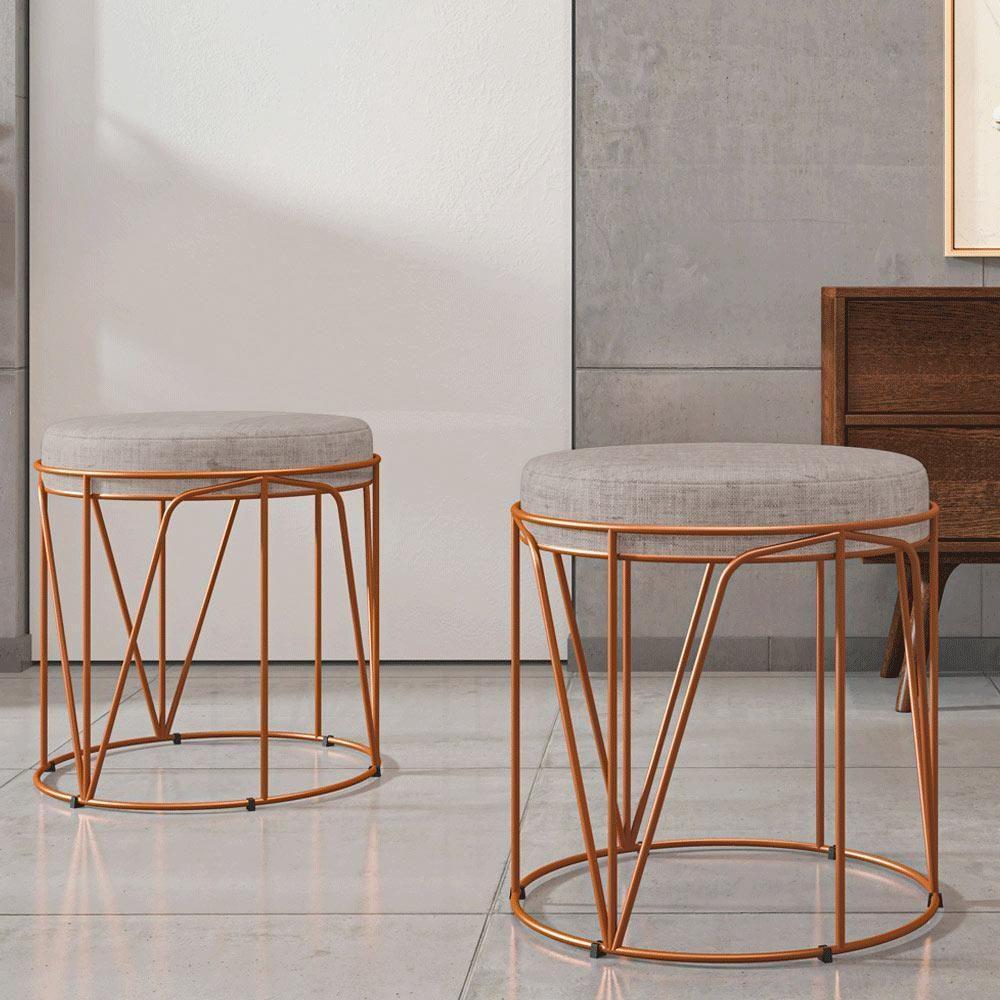 Kit 03 Puffs Decorativo Aramado Bronze Zaya L02 Linho Bege - 4