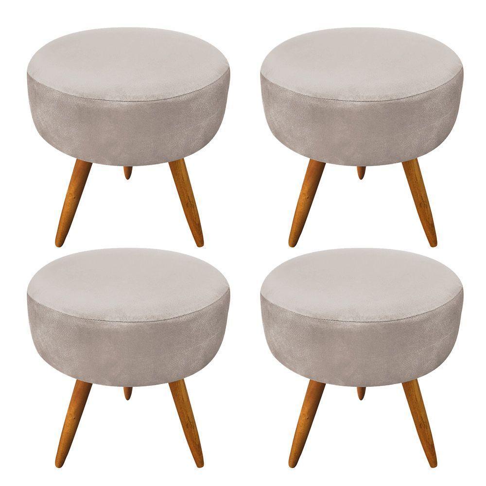 Kit 4 Puffs Banqueta Redonda Veludo Pés Palito Castanho Bege - 1