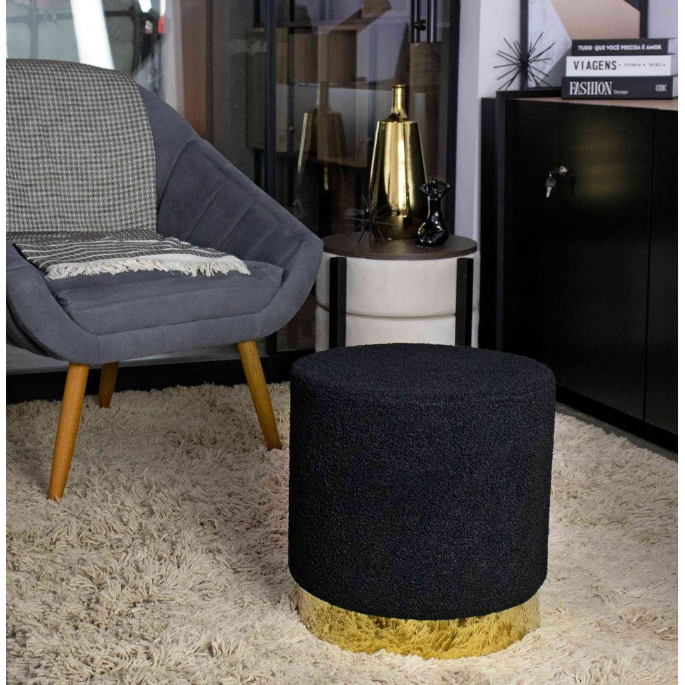 Puff Redondo Em Bouclê Preto Com Detalhe Dourado Na Base 40cm - 6