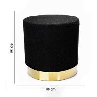 Puff Redondo Em Bouclê Preto Com Detalhe Dourado Na Base 40cm - 3