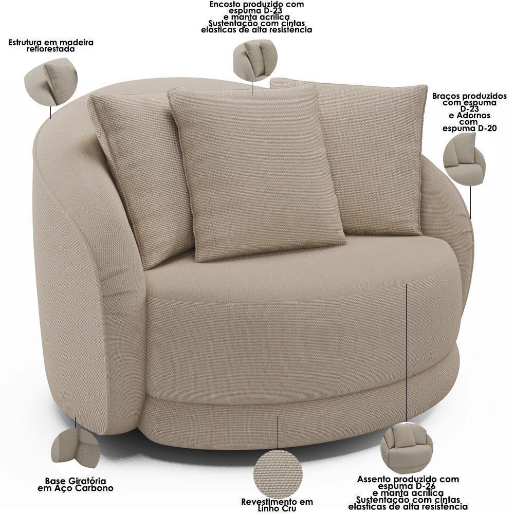 Kit 02 Poltronas Decorativa Para Sala De Estar Base Giratória Witta M03 Linho Cru - Lyam Decor - 8